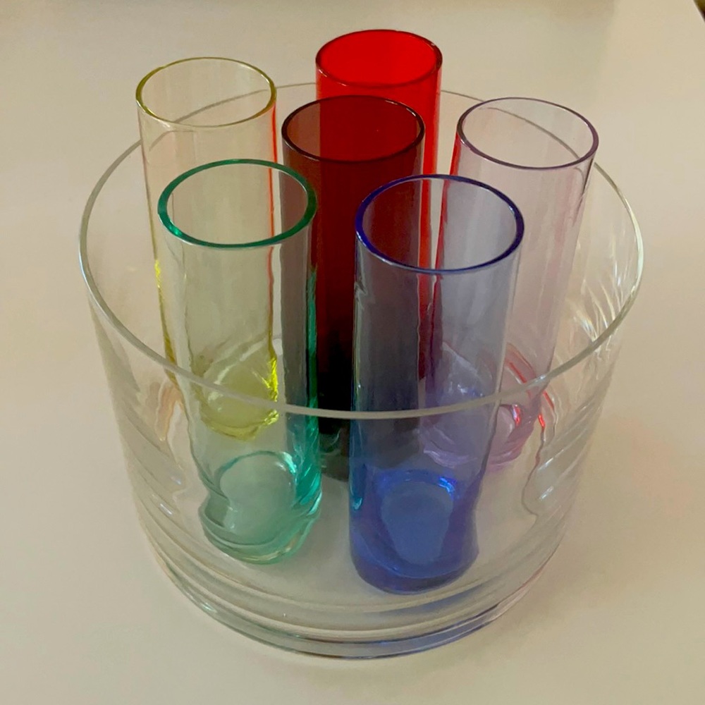 Set of 6 multicolored shot glasses and ice bucket